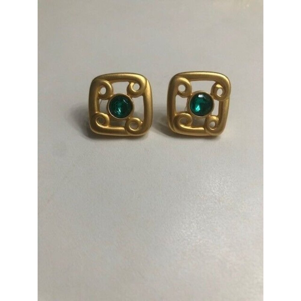 VINTAGE RARE 1980 ERA GORGEOUS GIVENCHY PARIS GREEN CRYSTAL GP PIERCED EARRINGS